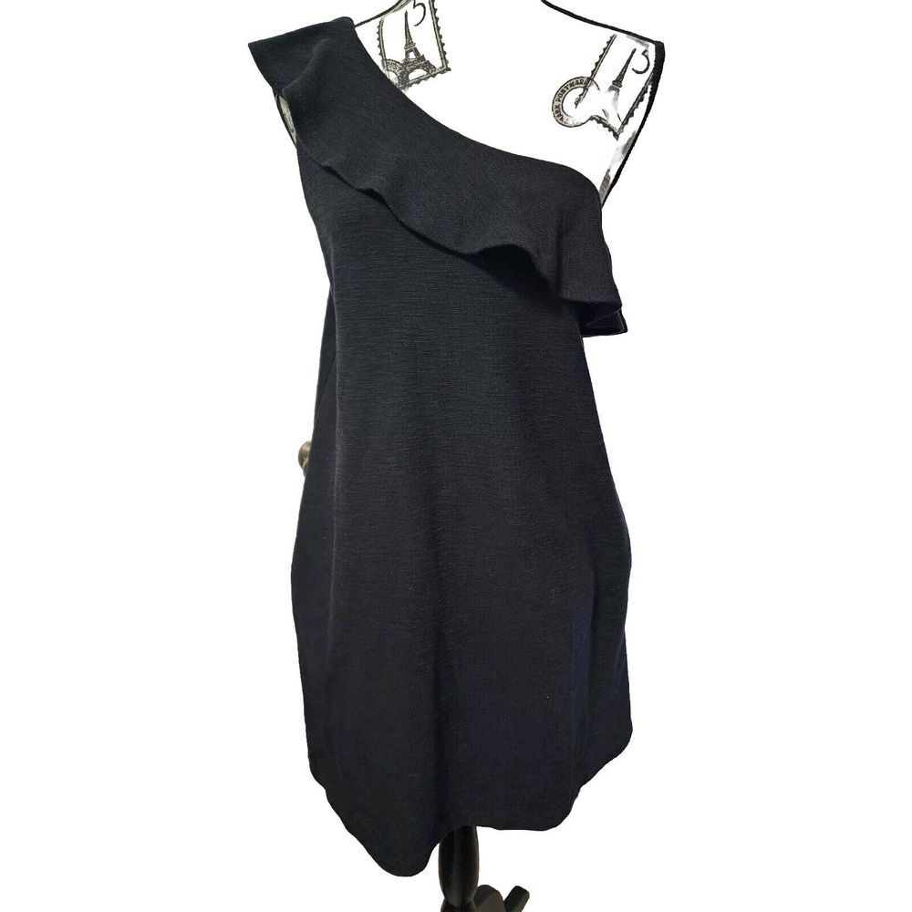 LOFT BLACK ONE SHOULDER RUFFLE DRESS WITH POCKETS Size MEDIUM - Picture 1 of 11